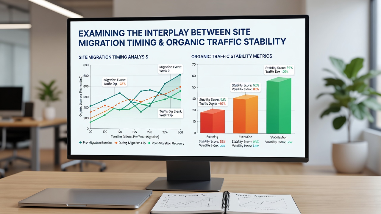 Timeline chart illustrating traffic recovery rates following site migrations executed in various months