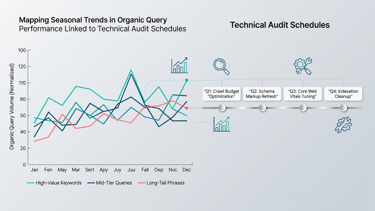 Chart illustrating audit schedule overlaps with quarterly organic traffic variations for sample domains